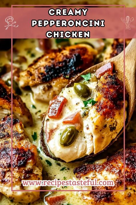 A flavorful and easy-to-make dish that combines tender chicken with a rich, creamy sauce featuring tangy pepperoncini and roasted red peppers. Perfect for a weeknight dinner! Peperoncini Chicken, Pepperoncini Recipes, Pepperoncini Chicken, Crockpot Chicken Thighs, Skillet Recipes, Sauteed Chicken, Quick Weeknight Meals, Tender Chicken, Skillet Meals