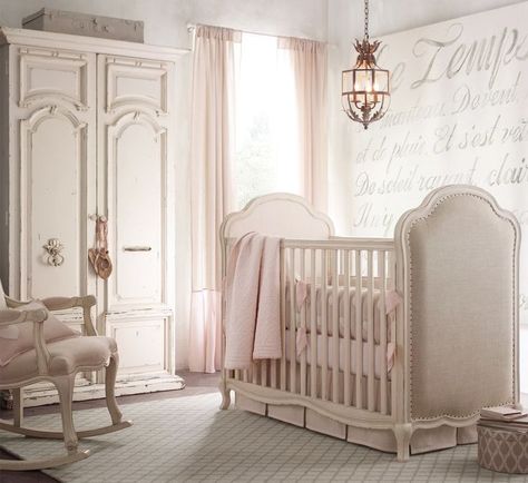 A Chic Parisienne Nursery For a Lucky Bébé: RH Baby & Child's French Script Grand Wall Canvas Tapestry ($599) is at once eye-catching and eclectic. French Nursery, Restoration Hardware Baby, Lustre Vintage, Baby Girl Nursery Ideas, Cage Chandelier, Chic Nursery, Girl Nursery Ideas, Shabby Chic Baby, Nursery Rooms