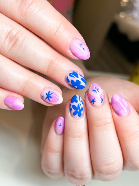 Funky Blue Nails, Gel Nails With Designs, Purple And Blue Nails Designs, Funky Spring Nails, Purple Design Nails, Heartstopper Nails, Folk Nails, Patchwork Nails, Nail Ideas Blue