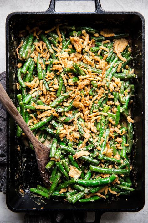 Fresh green beans and not a can in sight—our homemade green bean casserole recipe gives your favorite creamy veggie side dish a bit of a makeover. Modern Green Bean Casserole, Thanks Giving Veggies, Green Bean Casserole Ingredients, Fresh Green Bean Casserole, Best Green Bean Casserole, Homemade Green Bean Casserole, The Best Green Beans, Vegan Green Bean Casserole, Best Thanksgiving Side Dishes