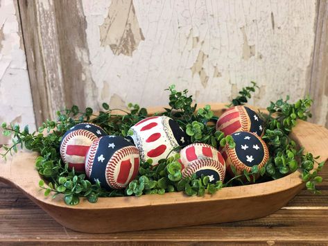 DIY Americana Baseballs - The Shabby Tree Dough Bowl Decor, Lace Candle Holders, Dough Bowl Centerpiece, Bowl Decor, The Shabby Tree, Baseball Decor, Valentine Banner, Shabby Tree, Diy Bird Feeder