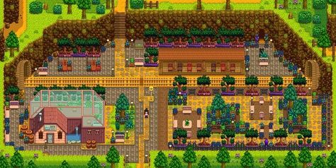 Stardew Valley Railroad Design, Stardew Valley Spa Design, Stardew Valley Decoration Ideas, Stardew Layout, Stardew Farm, Stardew Farms, Stardew Valley Layout, Stardew Valley Tips, Stardew Valley Farms