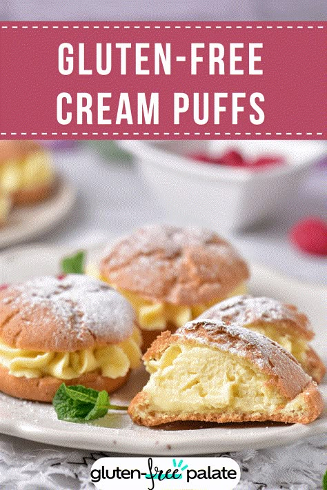 Indulge in these easy-to-make and certain-to-please scrumptious gluten-free cream puffs! These delightful treats feature a crispy, airy pastry shell filled with fluffy Chantilly cream. Gluten Free Cream Puffs Recipes, Mama Gourmand, Gluten Free Cream Puffs, Celiac Desserts, Gf Pastry, Cream Puffs Easy, Cream Puffs Recipe, Gluten Free Flour Recipe, Whipped Cream Filling