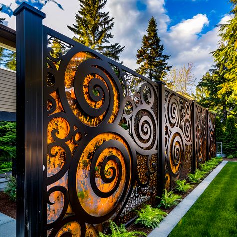 Beyond Barriers: Unveiling the Artistry of Unique and Creative Metal Fence Designs - ArtistryApex.com Decorative Metal Fence Panels, Black Wire Fence Ideas, Beautiful Fence Ideas, Outdoor Wall Design Ideas, Metal Fence Ideas, Garden Sitting Area, Unique Fence Ideas, Backyard Fence Ideas, Modern Wood Fence