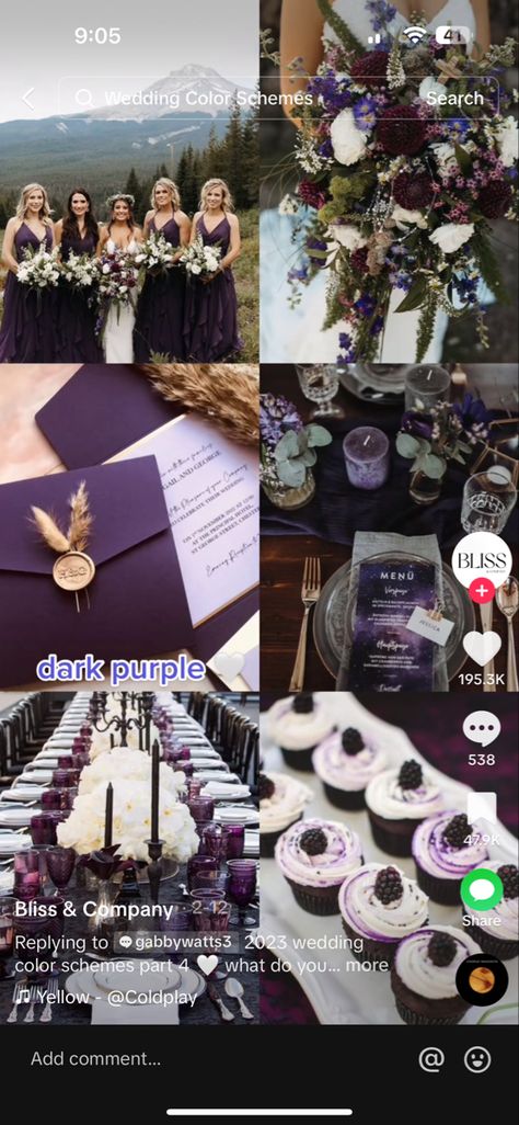 Black Plum Wedding, August Wedding Table Centerpieces, Dark Purple Wedding Decorations, Amethyst And Gold Wedding, Lavender And Black Wedding Theme, Black And Purple Wedding Theme, Moody Purple Wedding, Dark Purple Wedding Theme, Aesthetic Weddings