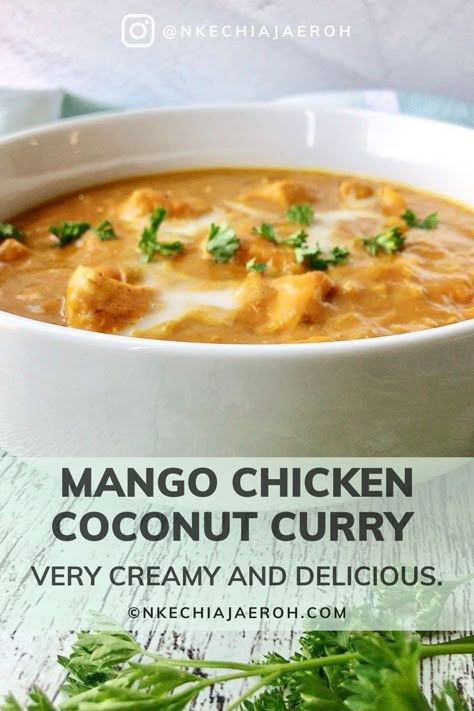 Chicken Coconut Curry With Mango, Coconut Mango Curry, Mango Chicken Coconut Curry, Mango Coconut Chicken, Mango Indian Recipes, Recipes Using Frozen Mango, Recipes With Frozen Mango, Indian Mango Chicken, Frozen Mango Recipes