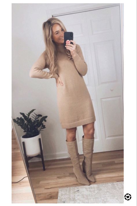 Dresses And Knee High Boots, Sweater Dresses With Knee High Boots, Tan Dress With Boots, Tall Taupe Boots Outfit, Winter Dress And Boots, Taupe Knee High Boots Outfit, Tan Sweater Dress Outfit, Knee Length Dress Outfit, Sweater Dress Outfit With Boots