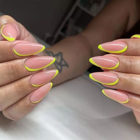 17 Electric Takes on the Neon Green French Mani That Are Perfect for Summer Green French Manicure, Gel Acrylics, Round Nail Designs, Dark Nail Designs, Neon Pink Nails, Neon Nail Art, Green French, Almond Shape Nails, Glow In Dark