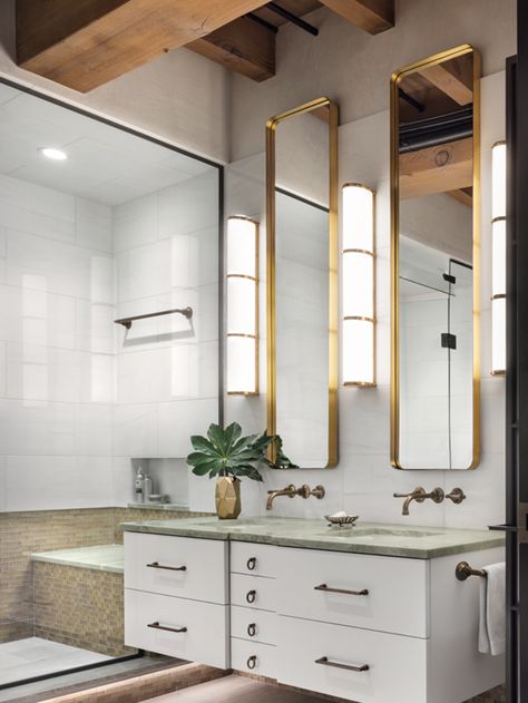 Bathrooms With Tall Ceilings, Tall Vanity Mirror Master Bath, Master Bath Vanity Tile Wall, Tall Ceiling Bathroom Ideas, Tall Mirror Bathroom, Tall Vanity Mirror, Bathroom Tall Ceiling, Tall Bathroom Mirrors, High Ceiling Bathroom