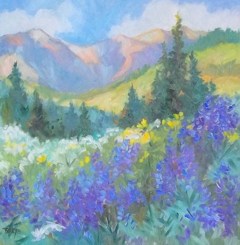 SOLD! "Gothic Wildflowers" original oil on canvas, 24" x 24". Brilliant periwinkle blue lupines and white and yellow daisies bloom below snowy Colorado mountain peaks near Gothic, Colorado - just outside Crested Butte,  the wildflower capital of the United States. Laura Reilly, Diy Painting Canvas, Painting On Small Canvas, Beginners Acrylic Painting, Frühling Wallpaper, Summer Wildflowers, World Famous Paintings, Beginners Painting, Canvas For Beginners