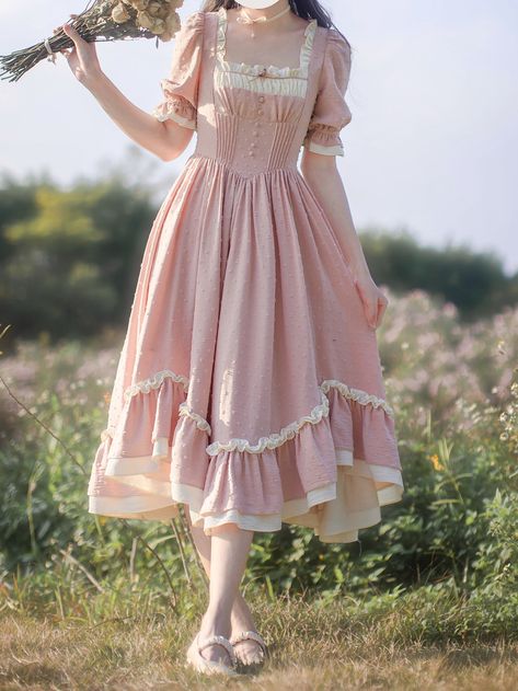 Embrace the charm of countryside with our square neckline pink dress. The delicate pleating details and puff sleeves add a touch of elegance to this dress, making it perfect for any occasion. The hidden zip at the back ensures a seamless and flattering fit. This dress exudes a sweet and enchanting vibe, making it a must-have for those who adore the pastoral aesthetic.  Please note that this product includes only one dress.  Garment Size   	 		 			Size 			S 			M 			L 			XL 		 		 			Shoulders 			36 			37 			38 			39 		 		 			Bust 			80 			84 			88 			92 		 		 			Sleeve Length 			33.7 			34 			34.3 			34.6 		 		 			Waist 			70 			74 			78 			82 		 		 			Full Length 			104 			105.5 			107 			108.5 Romantic Academia Aesthetic Outfit Pink, Pink Lace Outfit, Vintage Dresses Aesthetic, Pastoral Aesthetic, Pink Cottagecore Dress, Cottagecore Outfit Ideas, Dramatic Clothes, Cottagecore Tea, Witch Oc