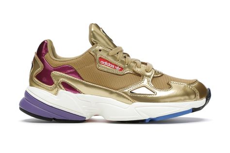 Women's Adidas Falcon Sneakers in Gold Metallic/Off White Adidas Originals Falcon, Adidas Falcon, Adidas Womens, Sneakers Mode, Mesh Shoes, Latest Sneakers, Hot Sneakers, Patent Leather Heels, Style Trends