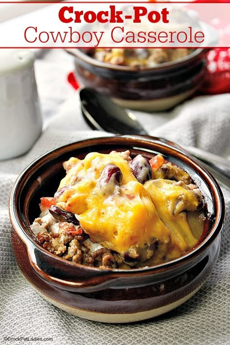 Crock-Pot Cowboy Casserole - Feeding a crew on a budget? Check out this warm, hearty and easy recipe for Crock-Pot Cowboy Casserole. It is sure to please even your hungriest cowboys! [High Fiber & Low Sugar]  #CrockPotLadies #CrockPot #SlowCooker #Casserole #FrugalRecipes #HamburgerRecipes Crockpot Cowboy Casserole, Cowboy Casserole Recipe, Casserole Crockpot, Cowboy Casserole, Slow Cooker Recipes Beef, Easy Slow Cooker Recipes, Crock Pot Slow Cooker, Crockpot Recipes Slow Cooker, Crock Pot Cooking