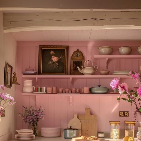 JEN CONNELL | Interiors & Lifestyle on Instagram: "The sun is here! 💕💐  Would you go for a pink kitchen? I think it’d be almost impossible to be in a bad mood living in this space!   #interiordesign #pink #pinkaesthetic #ai #aiart" Pink Interior Design Home Decor, Pink And Yellow Kitchen, Pearly Interiors, Eclectic Homes, Pink Kitchen, Cute Home Decor, Barbie Dream House, Pink Room, Eclectic Home