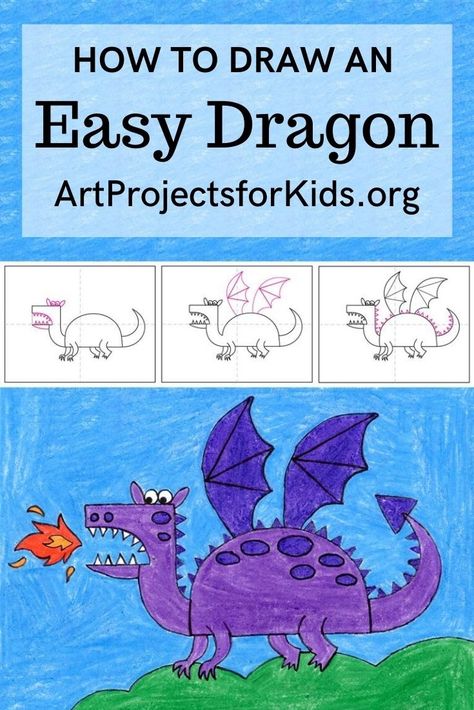 Learn how to draw an Easy Dragon with an easy step-by-step PDF tutorial. #howtodrawforkids #artprojectsforkids #dragons Dragon Directed Drawing For Kids, Dragon Art Kindergarten, Dragon Directed Drawing, Fairy Tale Directed Drawing, Mythical Creature Art For Kids, Dragon Art Kids, Fairytale Painting Easy, Dragon Art Projects For Kids, How To Draw A Dragon Easy