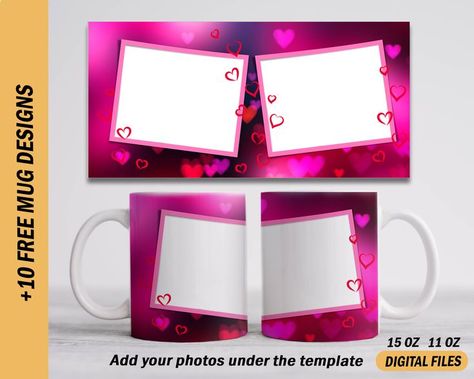 Mug sublimation design with photo frames Pink neon mug template 15 oz and 11 oz Sublimation designs downloads for coffee cup Mug background Mug Background, 2 Photo Frame, Photo On Mug, 3d Frames, Mug Template, Mug Sublimation, Sublimation Mugs, Pink Neon, Photo Template