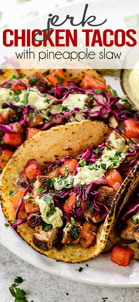 Jerk Chicken Tacos, Pineapple Slaw, Jerk Chicken Recipe, Caribbean Jerk Chicken, Chicken Taco Recipes, Carlsbad Cravings, Jerk Chicken, Jamaican Recipes, Caribbean Recipes