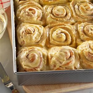 Pumpkin Eggnog Rolls Recipe -I needed to use up some eggnog, so I swapped it for milk in my sweet roll recipe. Even those who usually don’t care for eggnog go back for seconds of these yummy frosted treats. —Rebecca Soske, Douglas, Wyoming Pumpkin Eggnog, Cinnamon Roll French, Cinnamon Roll French Toast, Christmas Eats, Spicy Chocolate, Sweet Roll Recipe, Sweet Rolls, Sticky Buns, Sweet Breads