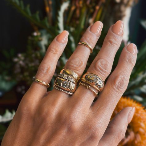 Lucy Folk Jewellery, Stack Of Rings, Hailey Bieber Ring Stack, Chunky Wedding Ring Stack, Vintage Wedding Ring Stack, Thick Band Engagement Ring Silver, Some Ring, Stacked Rings Aesthetic, Artsy Engagement Rings