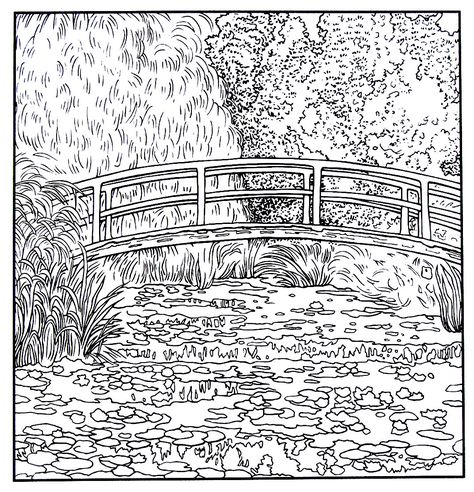 Japanese Footbridge and Water Lily Pond - impressionist painting by Claude Monet printable coloring book page Claude Monet Drawing, The Japanese Footbridge, Monet Drawings Sketches, Monet Coloring Pages, Monet Tattoo Water Lilies, Claude Monet Coloring Pages, Claude Monet Water Lilies Painting, Monet Drawings, Claude Monet Tattoos