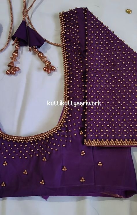 Violet Colour Aari Blouse Design, Jari Work Blouse Designs, White Beads Aari Work Blouse, Simple And Unique Aari Blouse Design, Ariwork Blouse Design 2022, Purple Blouse Aari Work Design, Simple Bridal Aari Work Blouse Designs, Simple Aari Work For Blouse, Aari Work Net Blouse