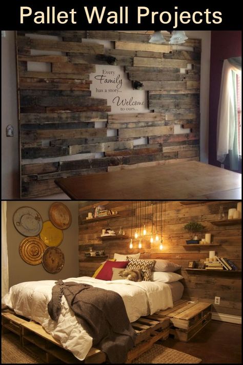 Bedroom Pallet Wall, Living Room Wood Wall Ideas, Rock Accent Wall Bedroom, Western Accent Wall Rustic, Wooden Wall Bedroom Ideas, Bedroom Wood Accent Wall Ideas, Rustic Walls Ideas, Unique Bedroom Wall Ideas, Barnwood Accent Wall Bedroom