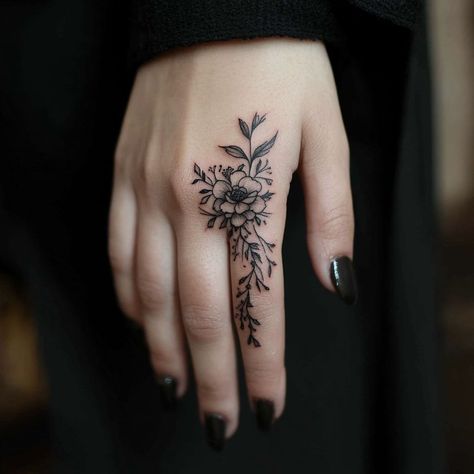 13 Unique Finger Tattoos For Women - Beautiful Finger Tattoos, Peony Finger Tattoo, Coverup Finger Tattoo, Cover Up Finger Tattoos For Women, Nature Finger Tattoo, Flower Finger Tattoos For Women, Fern Hand Tattoo, Mushroom Finger Tattoo, Finger Tattoos Side