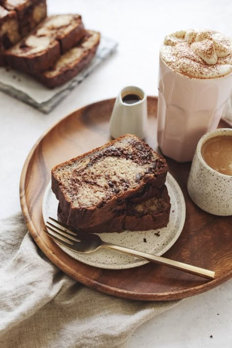 Marbled Banana Bread, Tea Popsicles, Healthy Photography, Chocolate Greek Yogurt, Baking Photography, Boba Milk Tea, Boba Milk, Moist Banana Bread, Dessert Photography