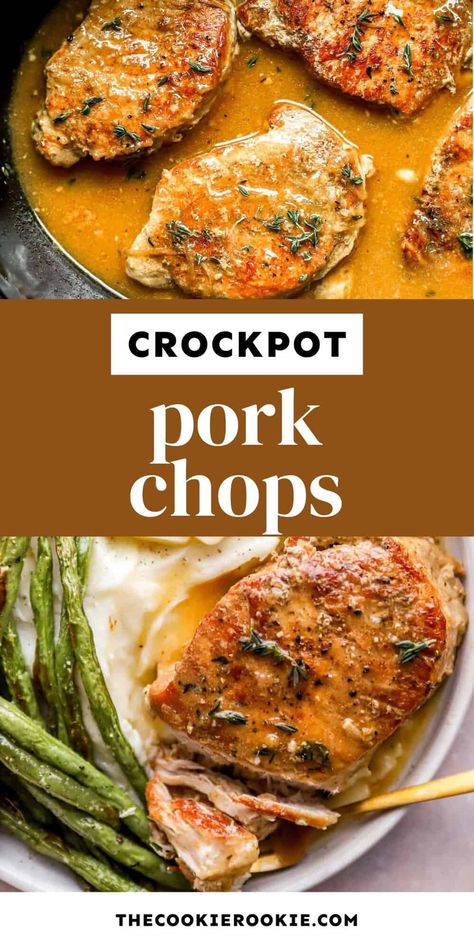 Crockpot pork chops are so tender and juicy! I love the rich and savory gravy on these slow cooker pork chops! Pork Chops With Gravy, Crock Pot Pork Chops, Pork Chops And Rice, Pork Crockpot Recipes, Pork Chop Recipes Crockpot, Crock Pot Pork, Serve Over Rice, Pork Chops And Gravy, Pork Chops And Potatoes