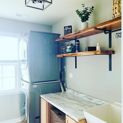 DIY Modern Farmhouse Laundry Room with Custom Shelves & Folding Table Collapsible Folding Table Laundry Rooms, Folding Table Laundry, Modern Farmhouse Laundry, Affordable Farmhouse Decor, Diy Modern Farmhouse, Modern Farmhouse Laundry Room, Custom Shelves, Steel Shelf Brackets, Modern Farmhouse Diy