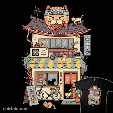 "Cat Cafe" by Vincent Trinidad #cafe #cat #cats #japan #japanese #vincenttrinidad Dog Cafe, Cafe Art, Cat Cafe, Dog Paw Print, Dog Paintings, Kawaii Art, Dog Paws, Dog Print, Cat Print