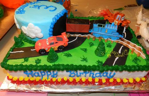 Thomas the Train and Cars the movie birthday party cake combo by AneliaDawnCakes Thomas Train Cake, Train Birthday Cake, Bolo Frozen, Transportation Birthday, Movie Cakes, Movie Birthday Party, Diy Birthday Cake, Train Cake, Chocolate Sheet Cake