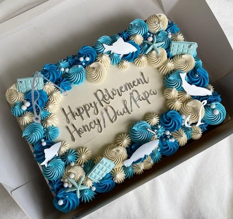 Blue Sheet Cake Ideas, Happy Retirement Cake For Men, Rectangular Cake Designs, Sheet Cake Designs For Men, Retirement Cake Ideas For Men, Retirement Sheet Cake, Barbie Themed Cake, Graduation Sugar Cookies, Teachers Day Cake