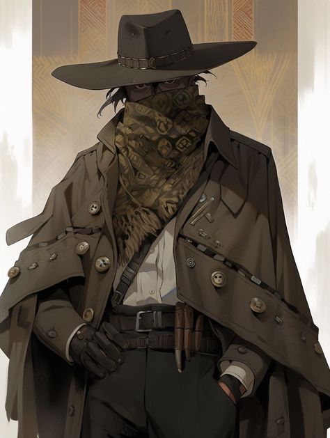 Dnd Wild West Character, Cool Hat Drawing, Archeologist Character Design Male, Cowboy Pirate Aesthetic, Cowboy Artificer, Cowboy Dnd Character Art, Medieval Assassin Aesthetic Men, Cowboy Paladin, Tabaxi Cowboy