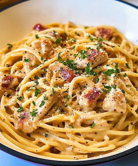 Creamy Chicken Carbonara with Crispy Bacon - Quickest Recipes One Pot Chicken Carbonara, Crock Pot Chicken Carbonara, Instant Pot Chicken Carbonara, Chicken Bacon Carbonara Pasta, Bacon Carbonara Pasta, Meat Dinner Recipes, Creamy Carbonara Pasta, Chicken And Bacon Carbonara, Creamy Chicken Carbonara