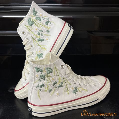 Custom Coverse Platform/ Wedding Flowers Embroidered Converse/ Bridal Flowers Embroidered Sneakers/ Lily of the Valley Embroidered Sneakers Chuck Taylors Wedding, Converse Haute, Embroidered Shoes Converse, Taylor Wedding, Embroidered Sneakers, Chuck Taylor Shoes, Tie Sneakers, Embroidered Converse, Wedding Converse