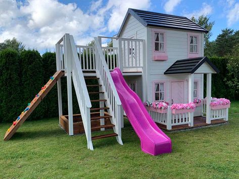 Two Story Playhouse, Wooden Flower Boxes, Wood Playhouse, Playhouse Ideas, Backyard Kids Play Area, Backyard Playhouse, Wooden Terrace, Pink Slides, Playhouse Outdoor