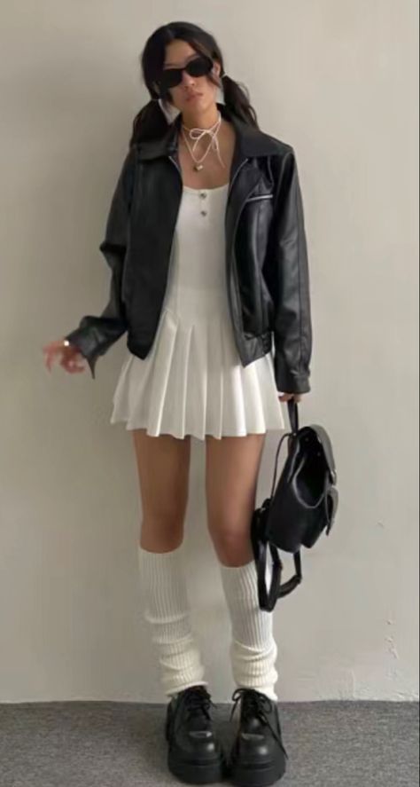 Mom We Started A Band Outfits, White Dress Outfit With Jacket, White Dress Leather Jacket Aesthetic, Leg Warmer Loafers, Pleated Skirt Dress Outfit, Short White Dress With Leather Jacket, White Dress Aesthetic Outfit, Mini Backpack Outfit Street Style, Grey Tennis Skirt Outfit Summer