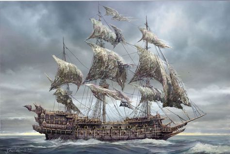 AWEFlyingDutchmanConceptArt Pirate Ship Tattoos, The Flying Dutchman, Kaptan Jack Sparrow, Bateau Pirate, Wooden Ship Models, Old Sailing Ships, Clipper Ship, Sea Of Thieves, Flying Dutchman