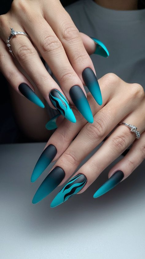 Discover the ultimate nail trend with this stunning matte flame design! Combining a sleek black base with vibrant aqua flames, these long nails exude confidence and style. Perfect for those who love to stand out, this design is ideal for parties or everyday wear that demands attention Flame Nails, Nail Trend, Flame Design, Exude Confidence, Nails Inspo, Matte Nails, Nail Trends, Long Nails, Nail Inspo