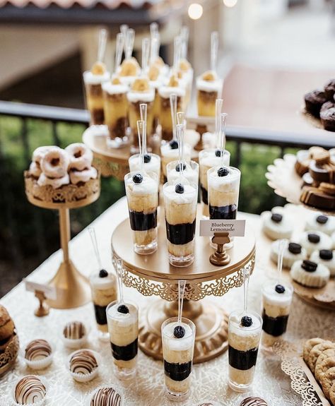 Black And Gold Dessert Bar, Black Tie Dessert Table, Roaring 20s Dessert Table, Black And Gold Desert Bar, Black And Gold Dessert Table Ideas, Prom Desserts, Gatsby Dessert Table, Gold Dessert Table, White Dessert Tables