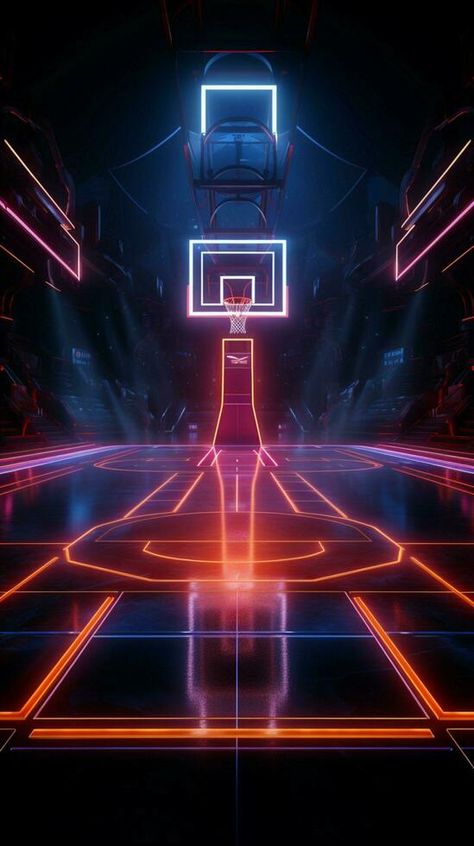 Vivid 3D sports arena Neon lit basketball court showcased from the side Vertical Mobile Wallpaper AI Generated Basketball Court Wallpaper, Neon Basketball, Basketball Court Background, Imvu Backgrounds, Background Basketball, Basketball Arena, Sport Background, 5k Wallpaper, Basketball Background