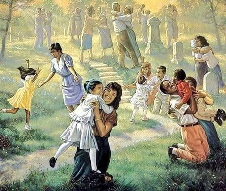 This painting is called 'First Moments in Heaven' - 9GAG First Moments In Heaven, Jehovah Paradise, Heaven Painting, Paradise Pictures, Life In Paradise, Isaiah 26, Family Worship, John 5, Everlasting Life