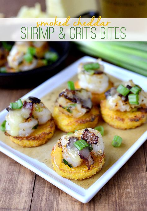 Smoked Cheddar Shrimp and Grits Bites are a bite-sized version of shrimp and grits. Perfect for tailgate parties! Jalapeno Recipes Appetizers, Friendsgiving Recipes Appetizers, Shrimp Bites, Pilsbury Recipes, Cheese Shrimp, Pepperoni Recipes, Tailgate Recipes, Tailgate Parties, Holiday Appetizers Easy