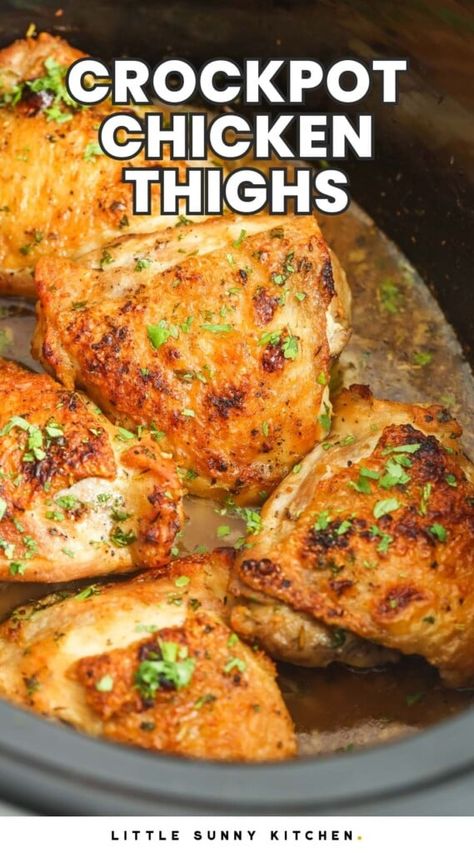 Boneless Chicken Thighs Crockpot, Crackpot Chicken, Chicken Thighs Slow Cooker Recipes, Baked Boneless Chicken Thighs, Cooking Chicken Thighs, Chicken Breast Slow Cooker, Supper Meals, Little Sunny Kitchen, Crockpot Chicken Thighs