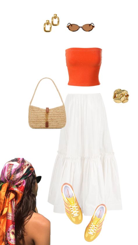 White skirt, orange tube top, sambas, scarf Orange Tube Top Outfit, Orange Tube Top, Tube Top Outfit, Tube Top Outfits, Orange Outfit, Top Outfit, White Skirt, Casual Summer Outfit, White Skirts