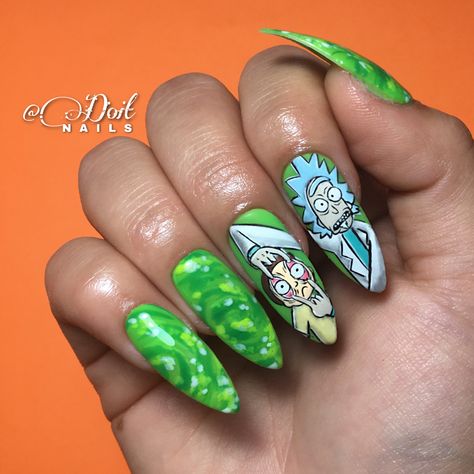 #pressonnails #blackouttuesday #nailart #chile #rickandmorty Rick And Morty Nails Acrylic, Rick And Morty Nails, Uñas Ideas, Cartoon Nails, Yellow Nails Design, Makeup Nails Designs, Anime Nails, Rick Y Morty, Long Nail Designs