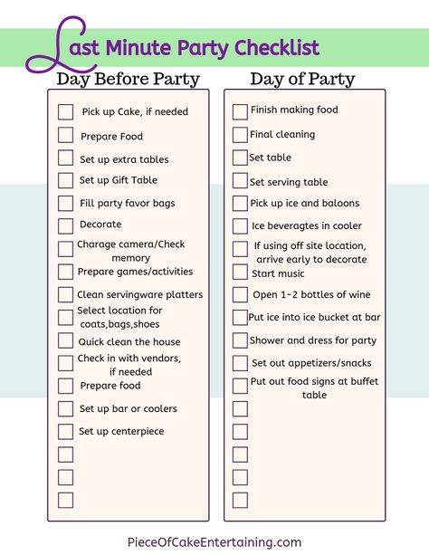 You'll be party ready with this last minute checklist to help you prepare for your guests. Get your free checklist today! Party Items Checklist, Birthday Preparation Checklist, House Party Checklist, Birthday Party Planning Checklist, Spontaneous Combustion, Party Tips And Tricks, 14th Birthday Party Ideas, Birthday Party Checklist, Baby Shower Checklist