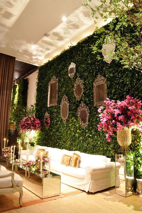 Enjoy the most beautiful Mirror Wedding Ideas. Their versatility can really enhance the drama of your event. Greenery Wall, Party Reception, Artificial Plants Indoor, Wedding Lounge, Artificial Plants Outdoor, Walled Garden, Decoration Plante, Inspire Me Home Decor, Amazing Decor