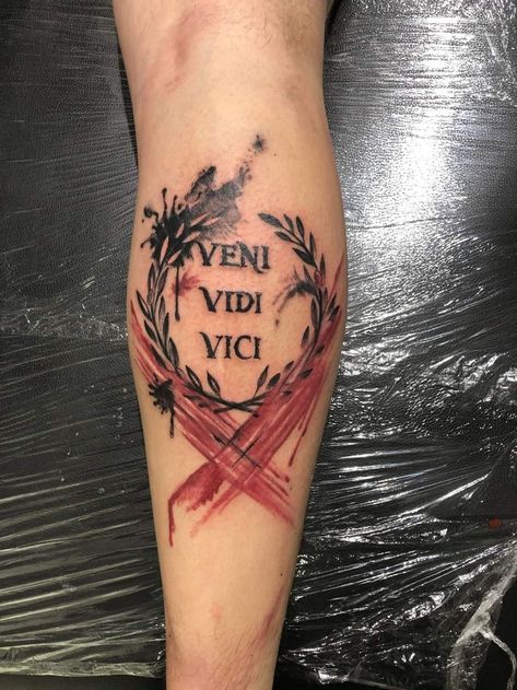 Veni Vidi Vici Tattoo. Veni Video Vici Tattoo, Vini Vidi Vici Tattoo Men, Black And Red Tattoo Men, Veni Vidi Vici Tattoo Design, Calves Tattoo Men, Veni Vidi Vici Meaning, Vini Vidi Vici Tattoo, Vini Vidi Vici, Calves Tattoo